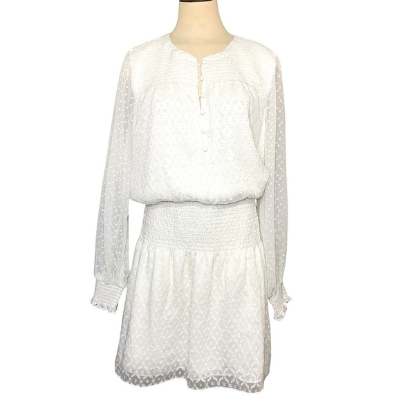 White House Black Market Smocked Blouson Dress Ivory M Sheer Romantic Feminine - Picture 2 of 16